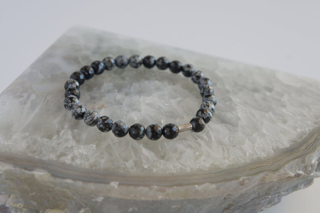Spirit Feather Snowflake Obsidian Beaded Bracelet