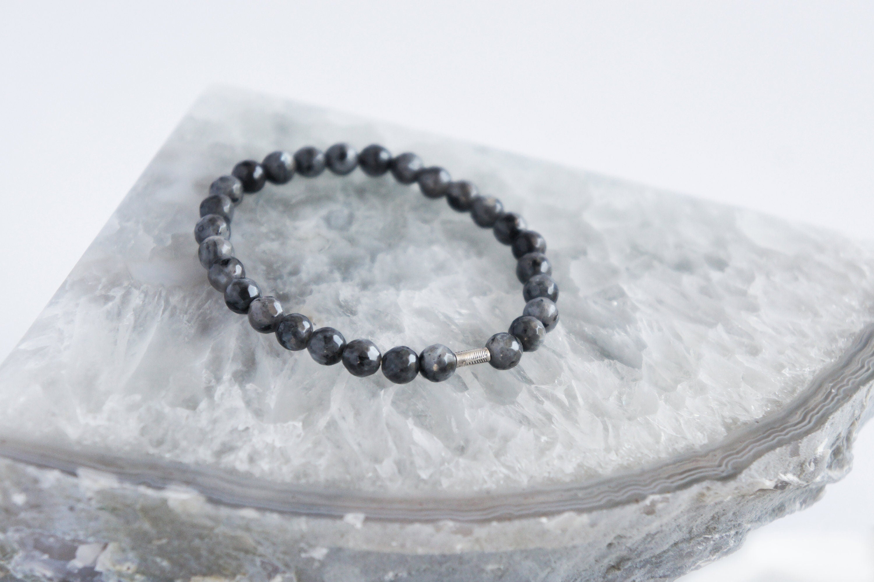 Spirit Feather Larvikite Beaded Bracelet
