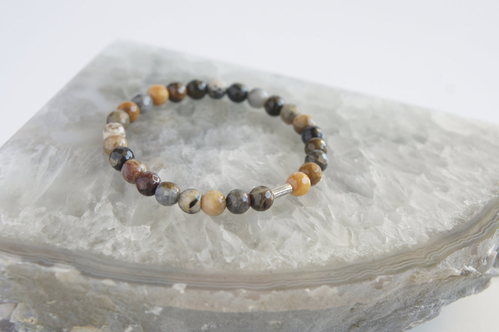 Spirit Feather Petrified Wood Beaded Bracelet