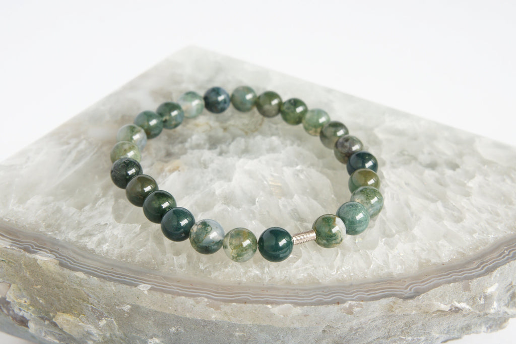 Spirit Feather Men's Moss Agate Beaded Bracelet