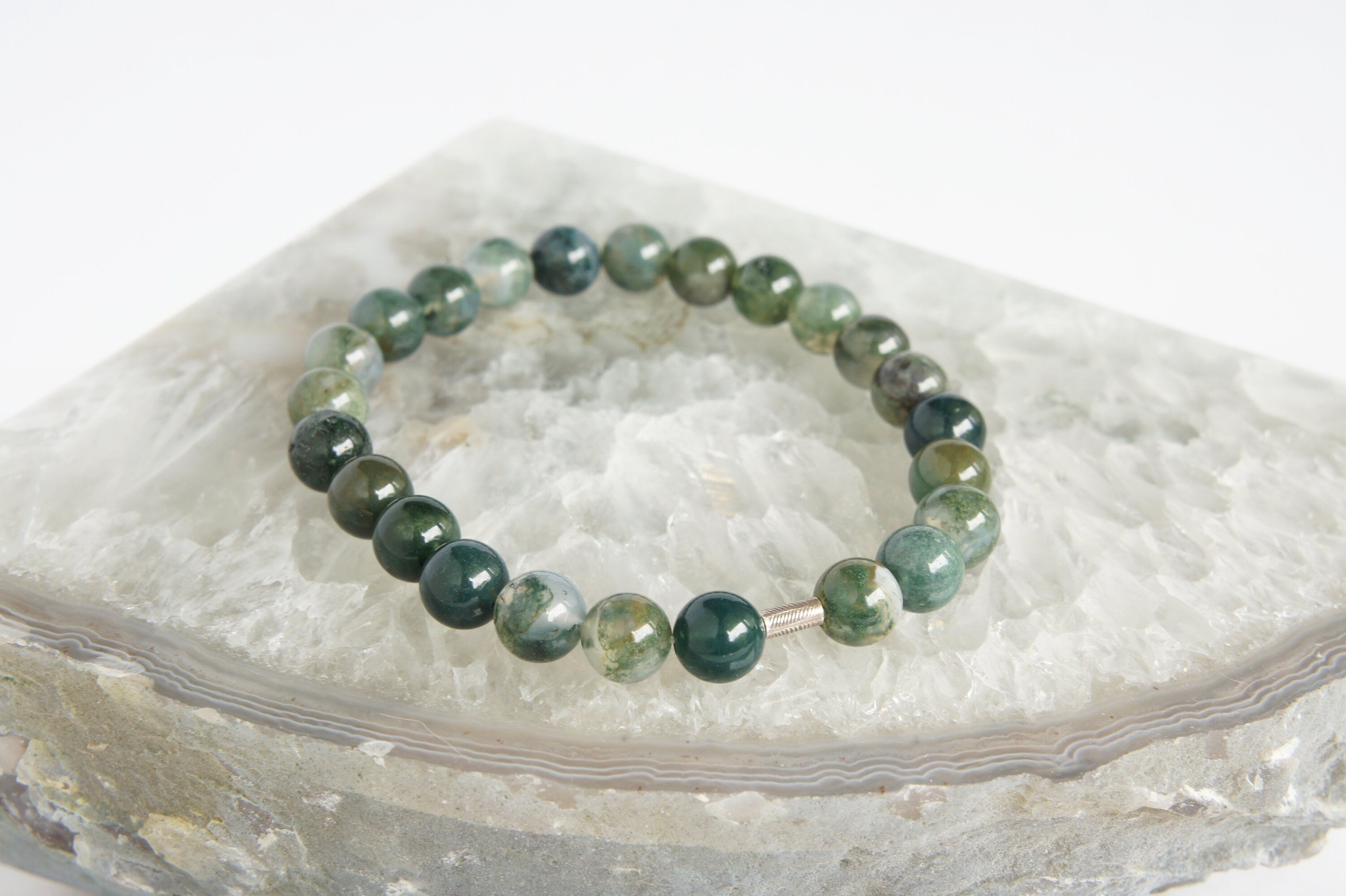 Spirit Feather Men's Moss Agate Beaded Bracelet