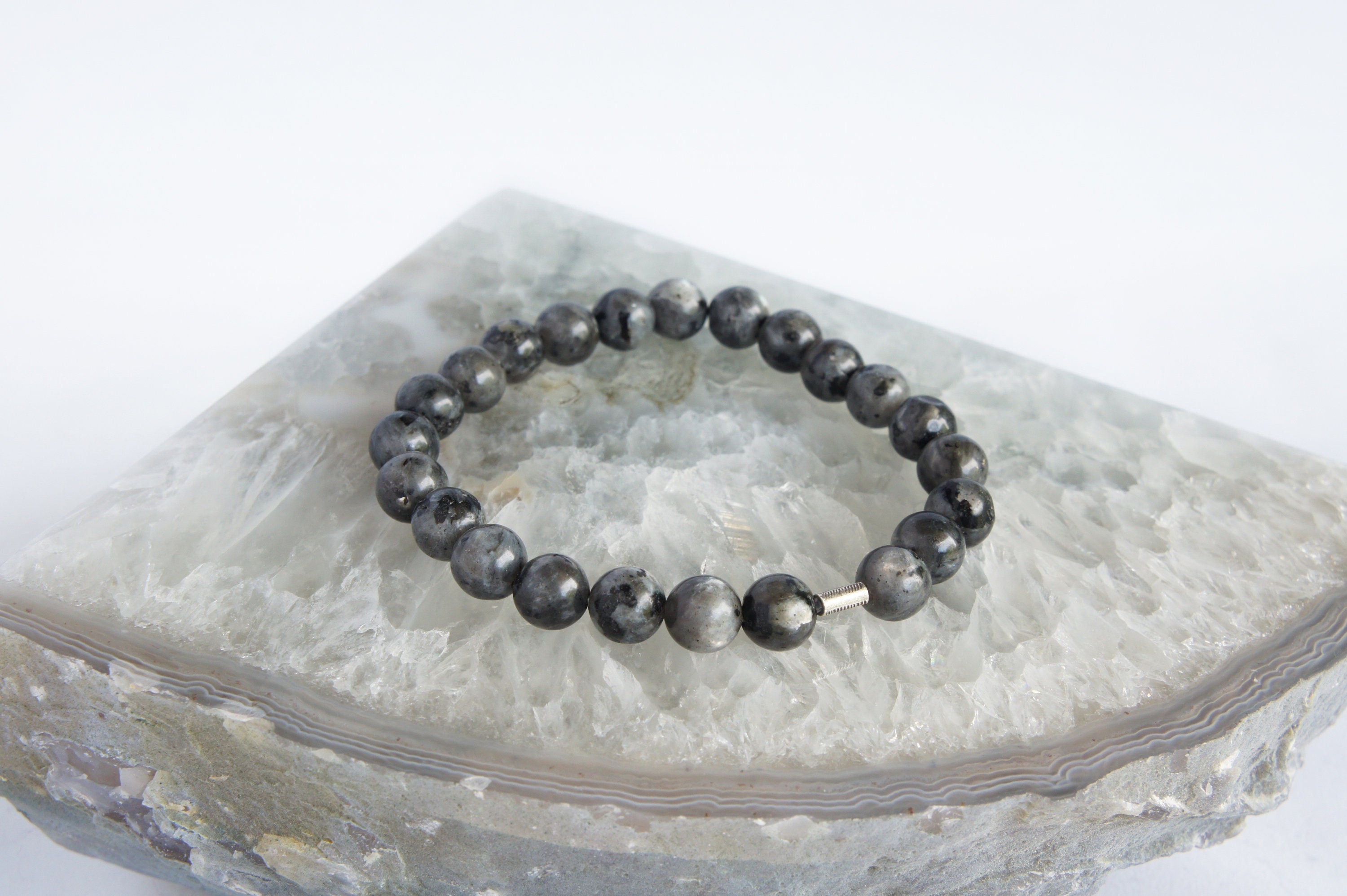 Spirit Feather Men's Larvikite Beaded Bracelet