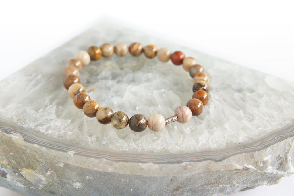 Spirit Feather Men's Petrified Wood Beaded Bracelet