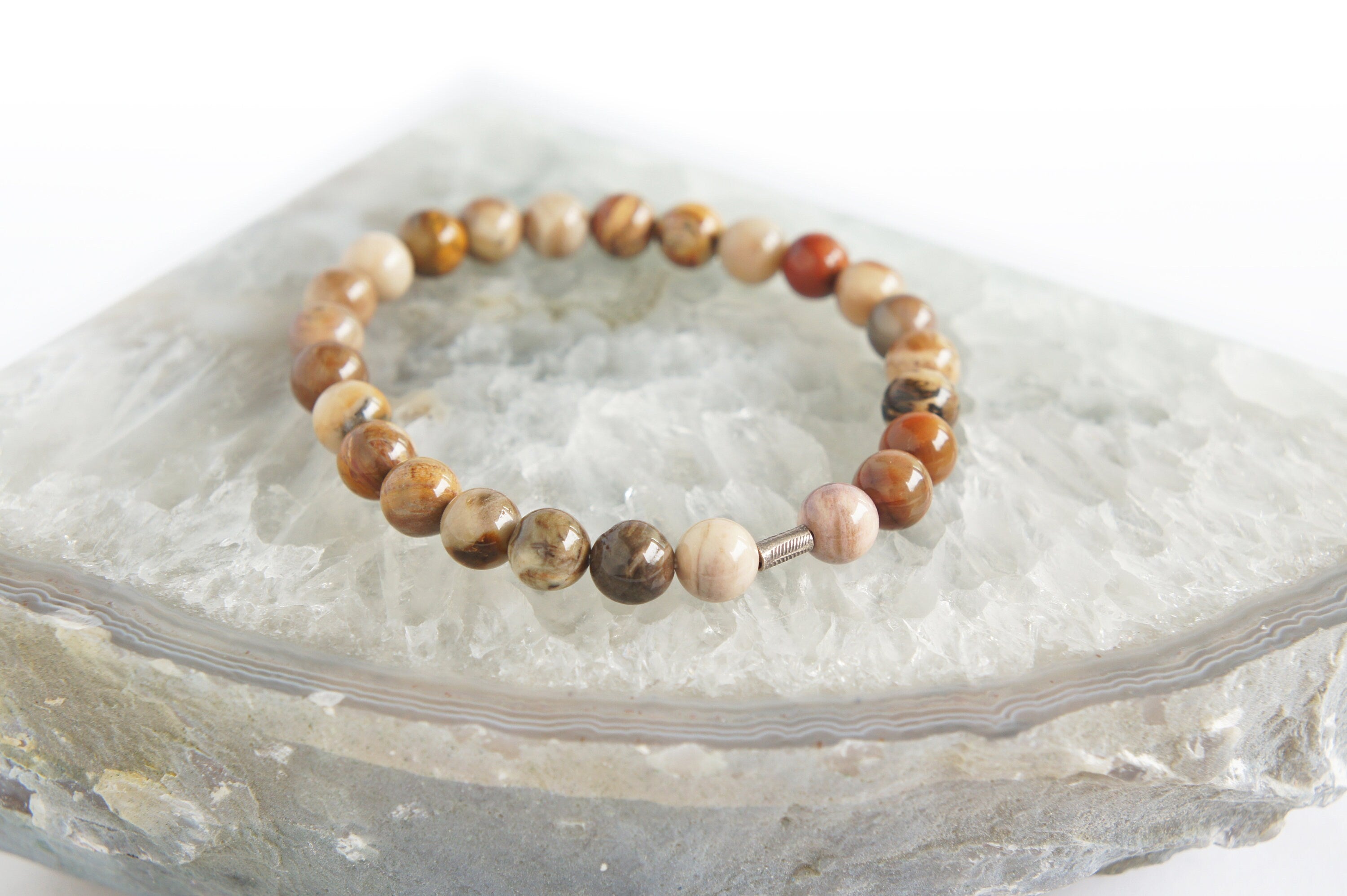 Spirit Feather Men's Petrified Wood Beaded Bracelet